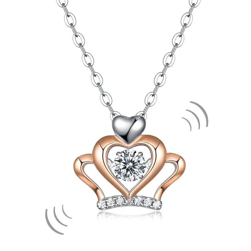 0.3 Carat Moissanite Diamond Dancing Stone Heart Crown Necklace 925 Sterling Silver MFN8145