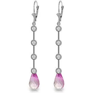 14K Solid White Gold Chandelier Diamonds Earrings w/ Pink Topaz