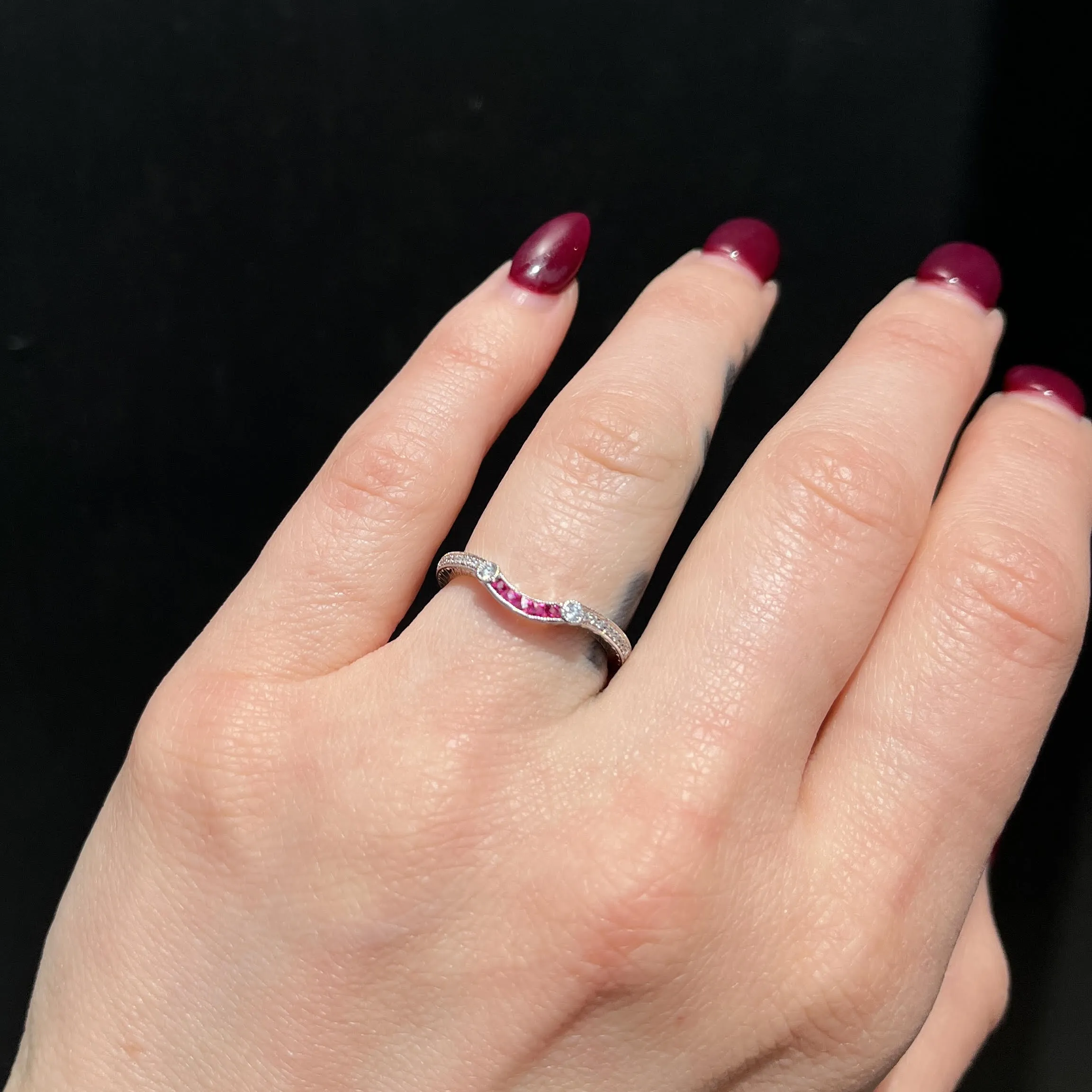 14K White Gold Ruby and Diamond Curved Band