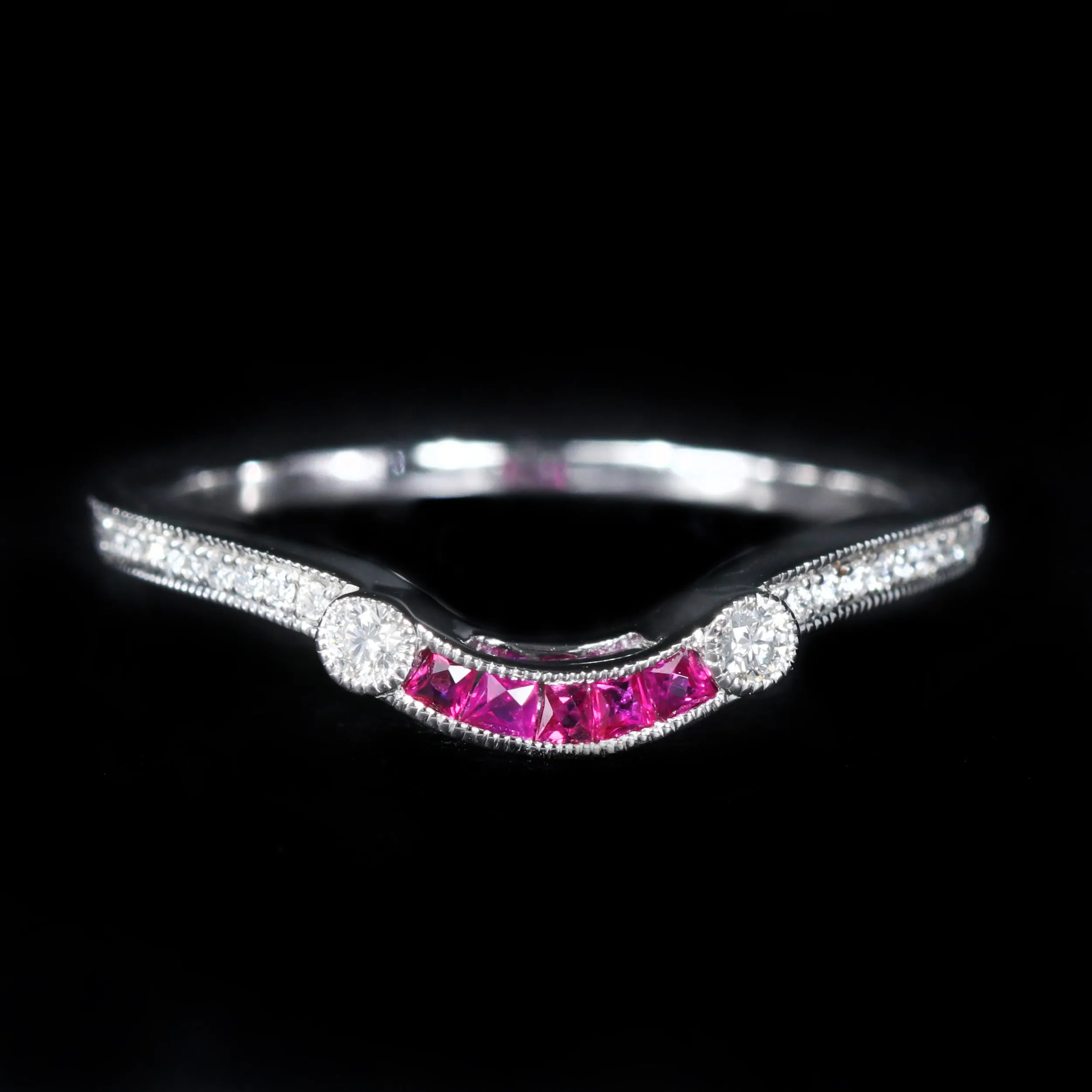 14K White Gold Ruby and Diamond Curved Band