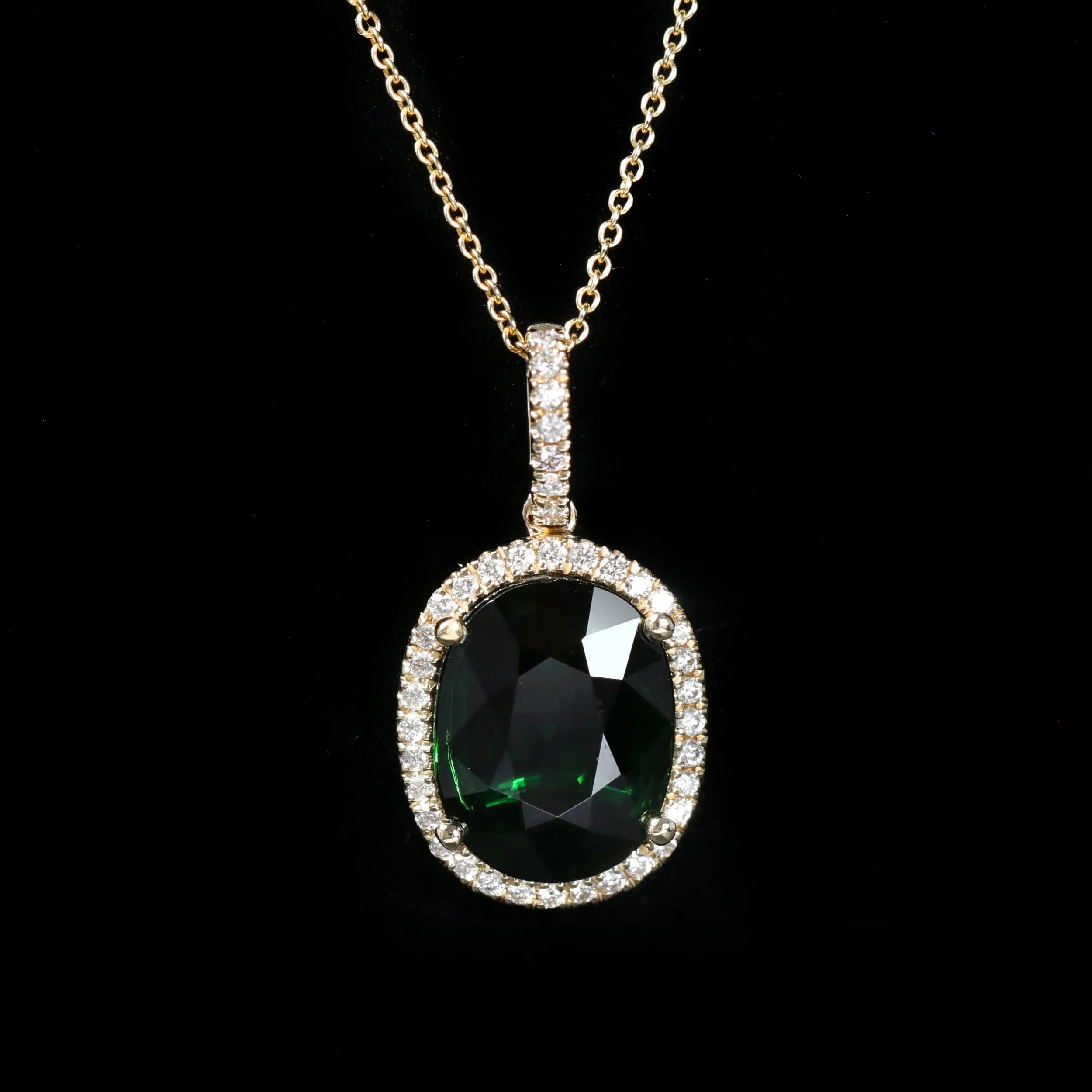 14K Yellow Gold 3.17 Carat Chrome Tourmaline and Diamond Pendant