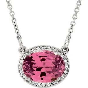 14KT GOLD 2.10 CT PINK TOURMALINE & 0.05 CTW DIAMOND OVAL HALO NECKLACE