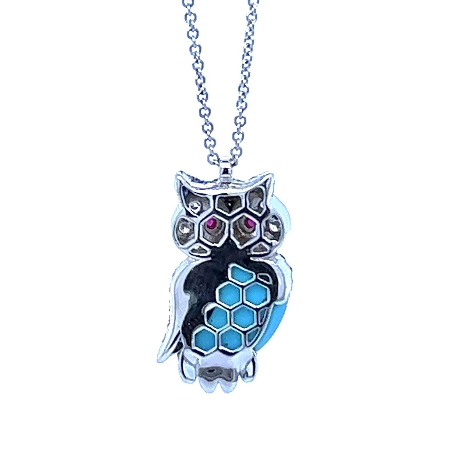 18K White Gold Turquoise Owl Pendant with Diamonds & Blue Sapphires