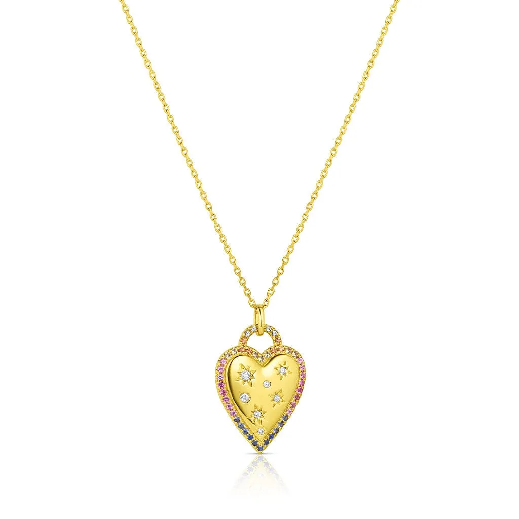 18kt Yellow Gold Rainbow Sapphire Diamond Heart Necklace