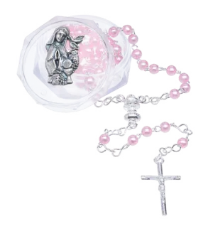 4mm Pink Communion Rosary for Girls with Silver-tone Medal on Acrylic box