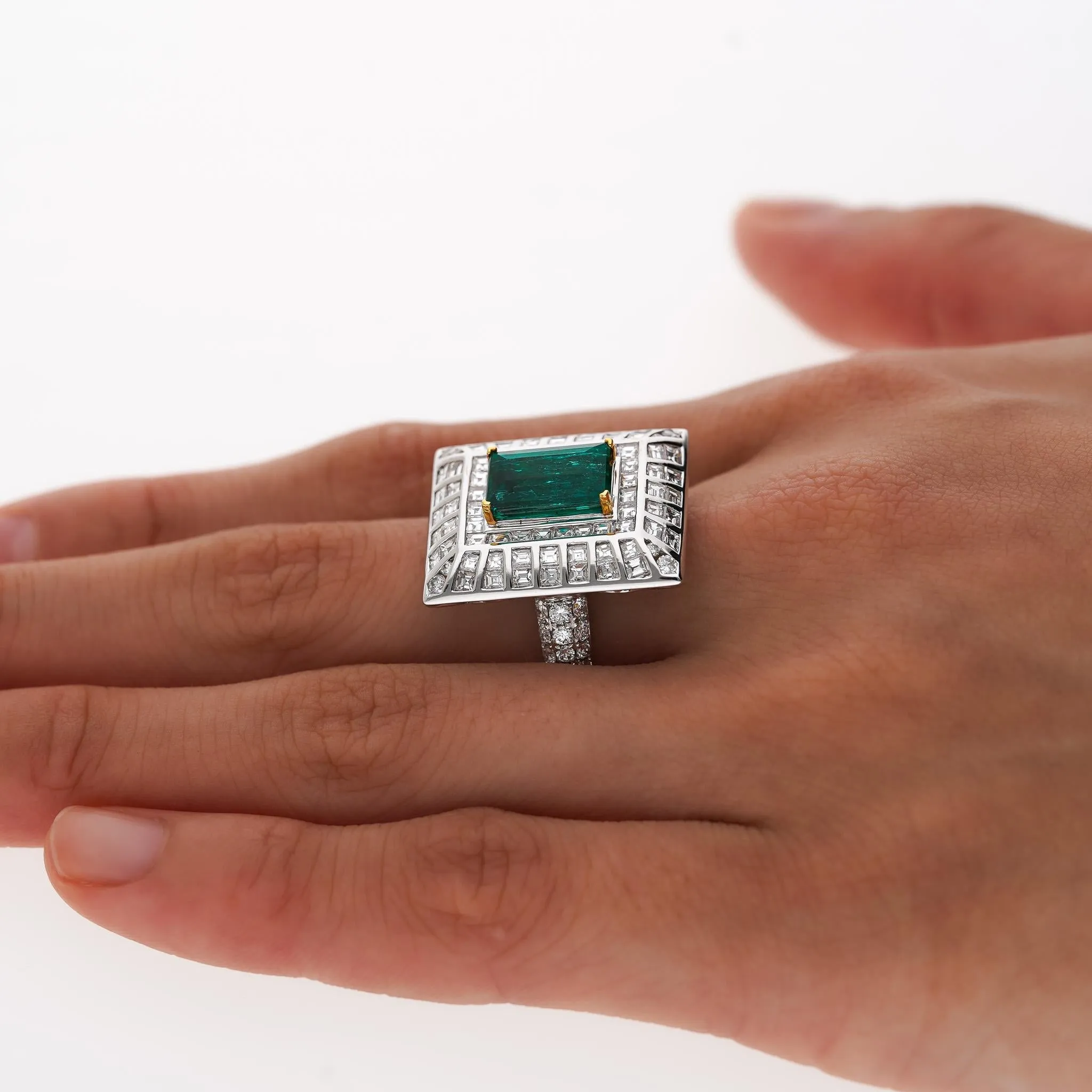 5.17 Carat Colombian Emerald & Baguette Diamond Rectangle Art Deco Frame Ring