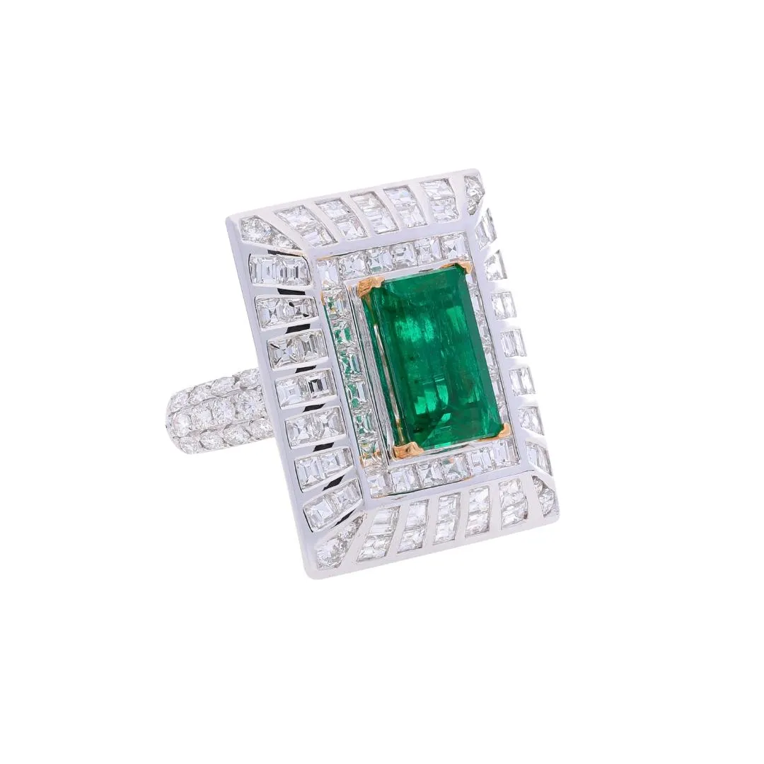 5.17 Carat Colombian Emerald & Baguette Diamond Rectangle Art Deco Frame Ring