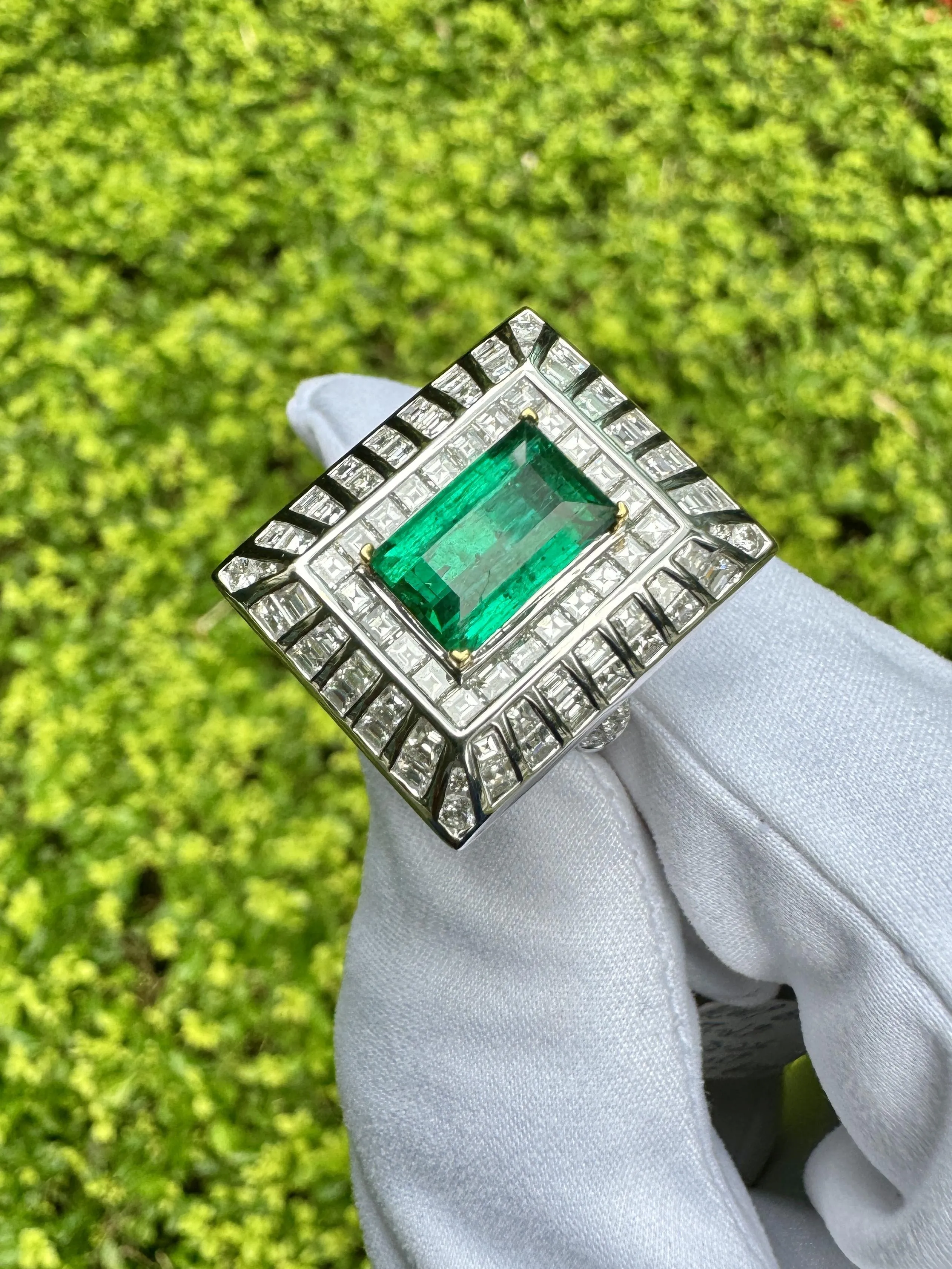 5.17 Carat Colombian Emerald & Baguette Diamond Rectangle Art Deco Frame Ring