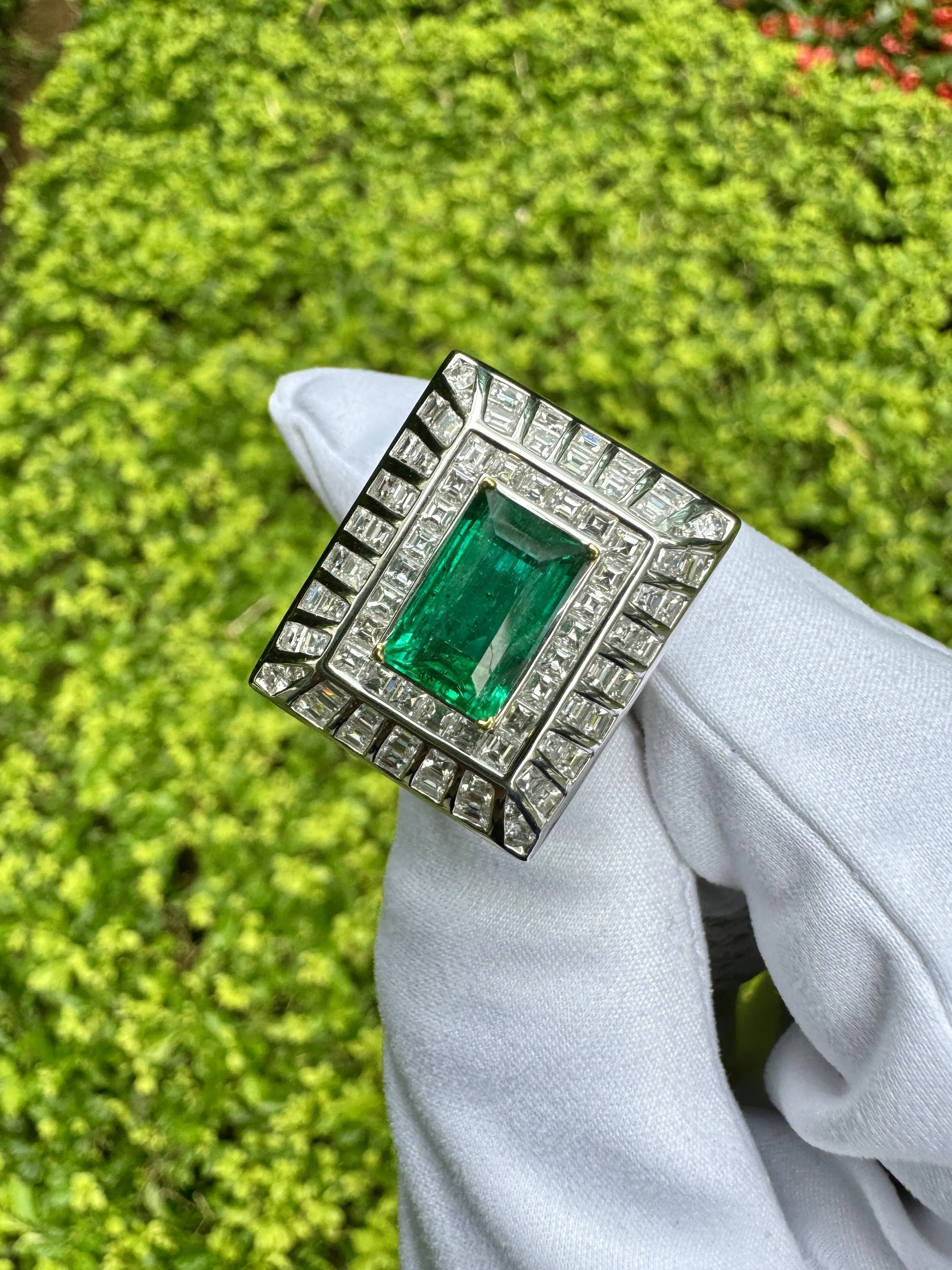 5.17 Carat Colombian Emerald & Baguette Diamond Rectangle Art Deco Frame Ring