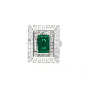 5.17 Carat Colombian Emerald & Baguette Diamond Rectangle Art Deco Frame Ring