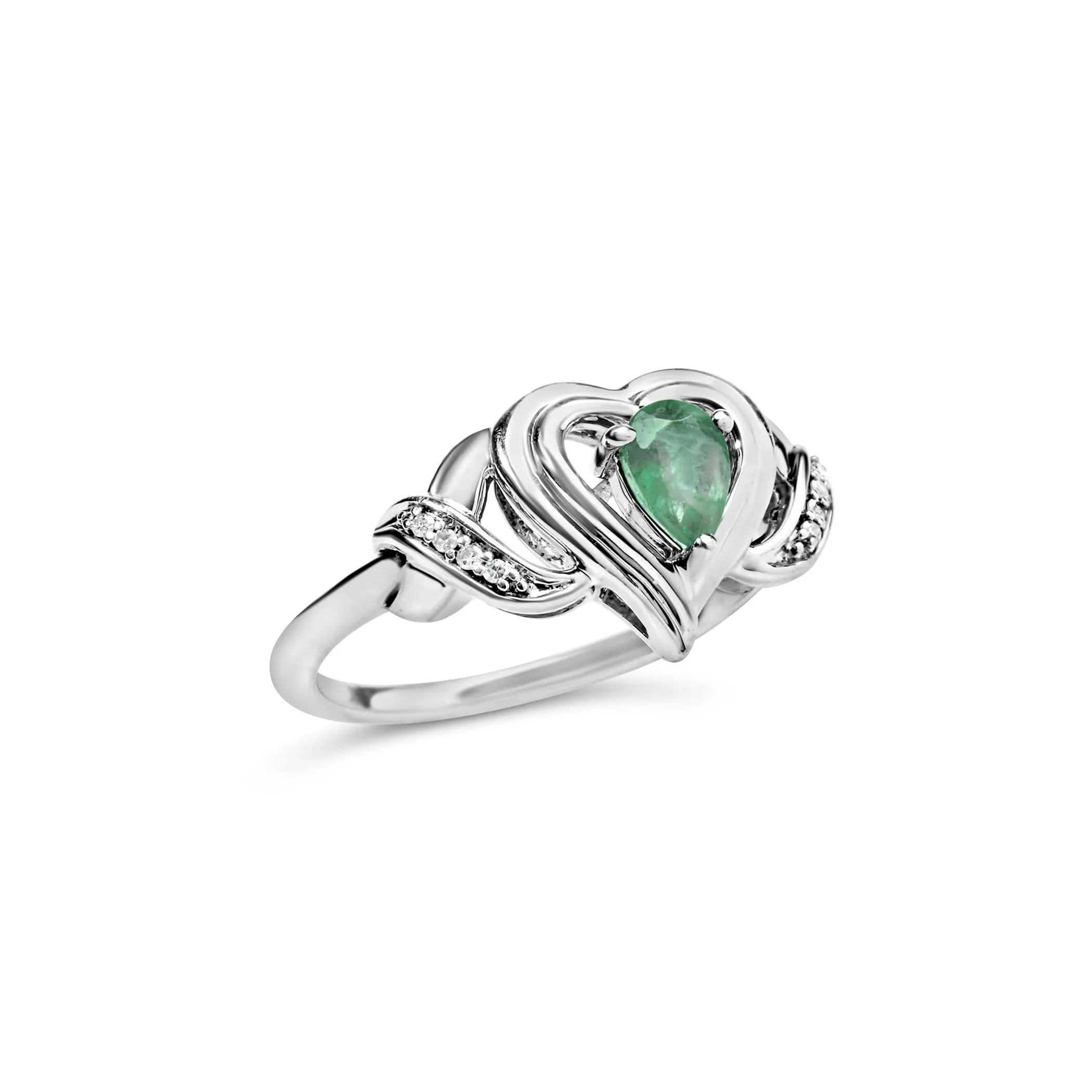 .925 Sterling Silver 6x4mm Pear Emerald Gemstone with Diamond Accent Heart Promise Ring (H-I Color, SI1-SI2 Clarity) - Size 7