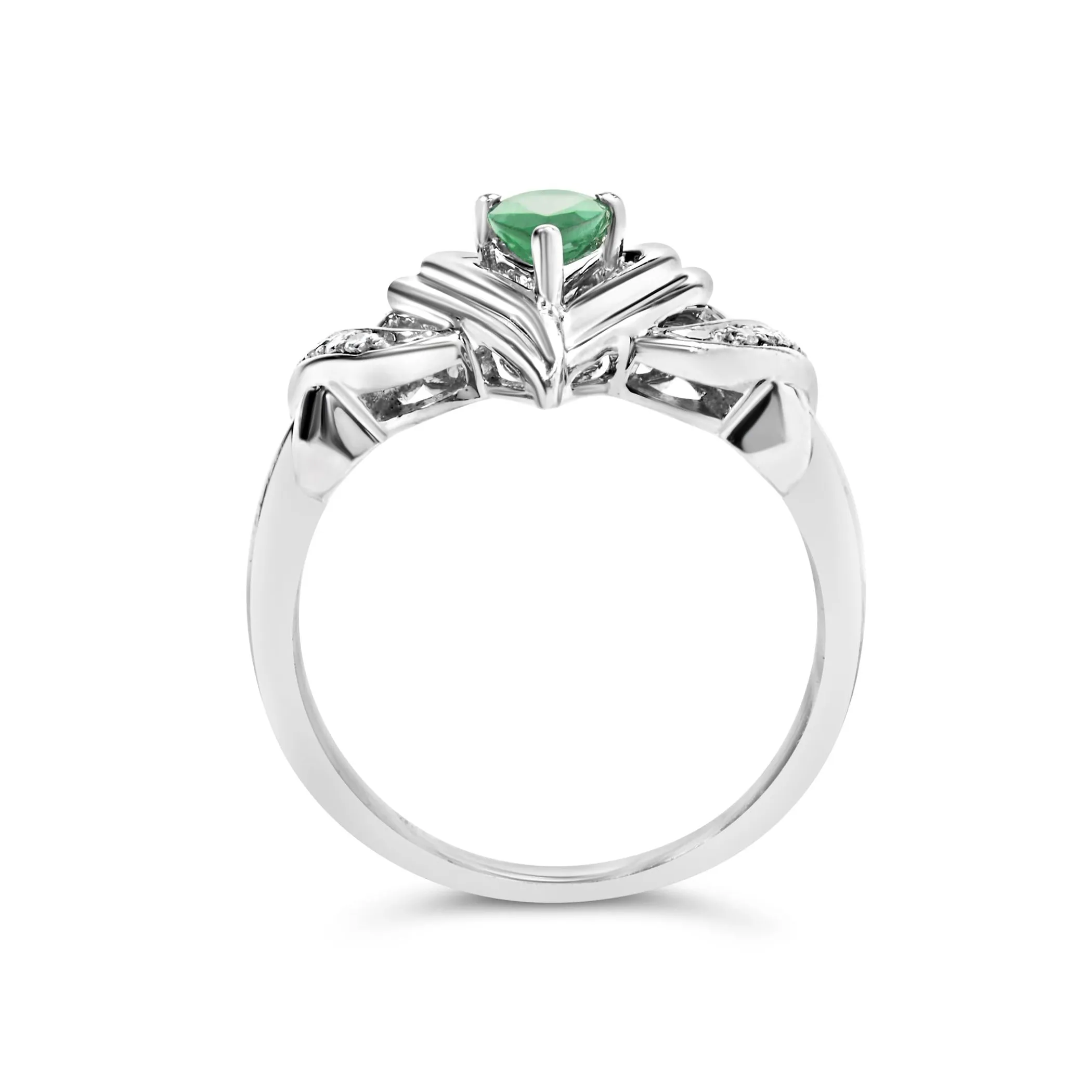 .925 Sterling Silver 6x4mm Pear Emerald Gemstone with Diamond Accent Heart Promise Ring (H-I Color, SI1-SI2 Clarity) - Size 7