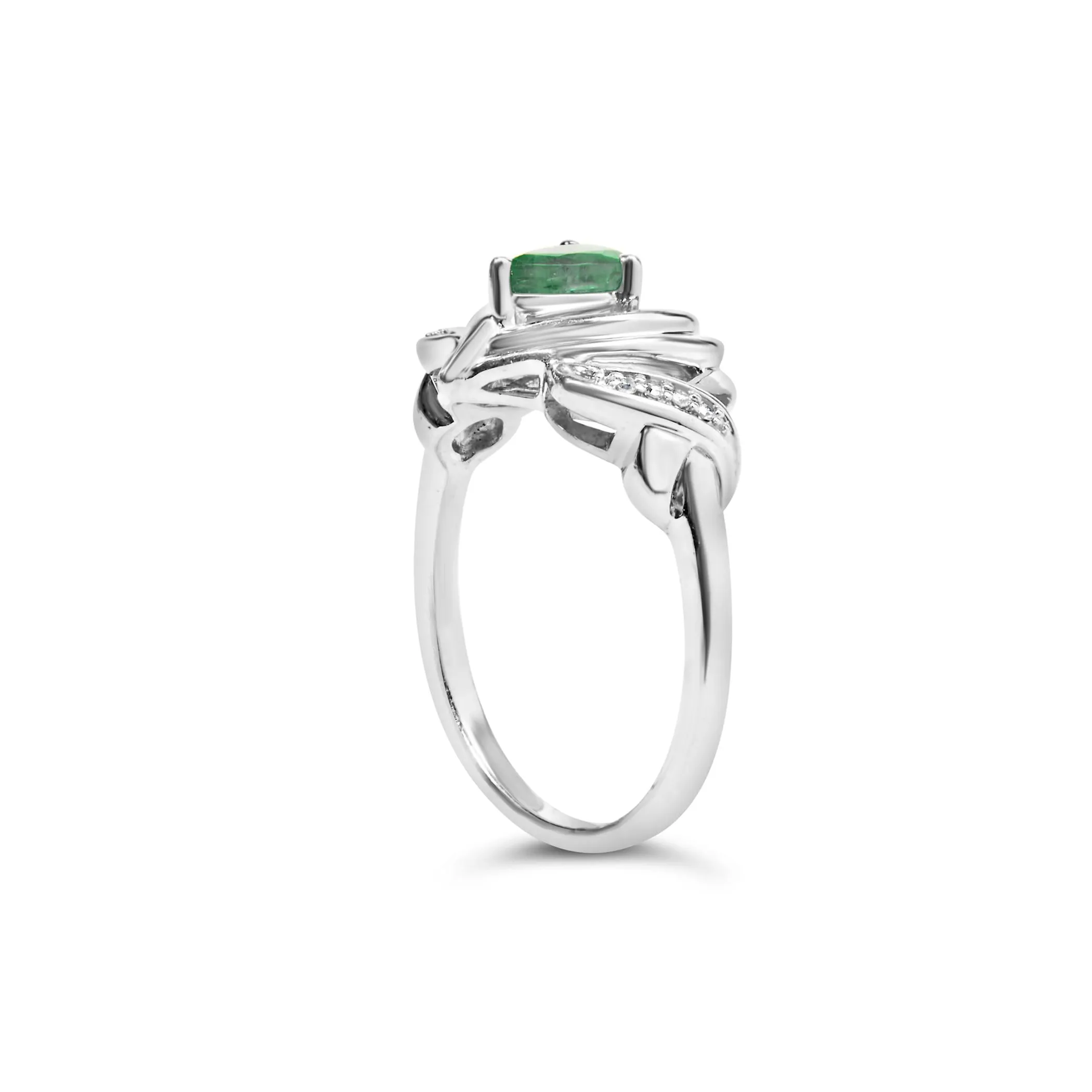 .925 Sterling Silver 6x4mm Pear Emerald Gemstone with Diamond Accent Heart Promise Ring (H-I Color, SI1-SI2 Clarity) - Size 7