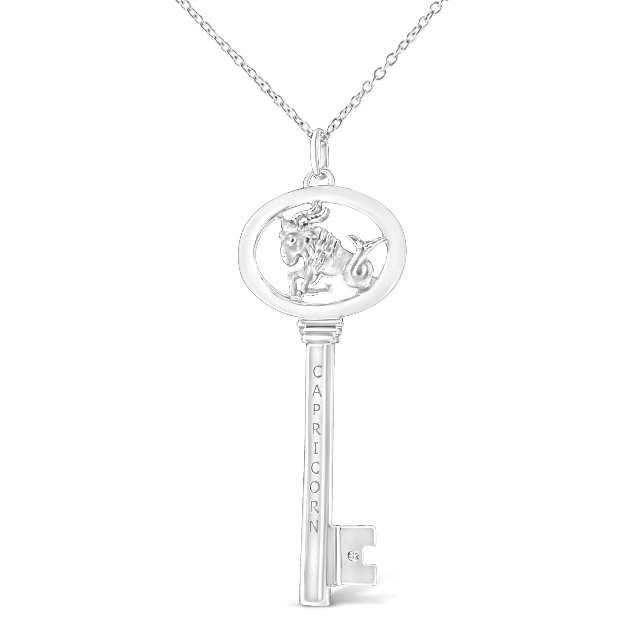 .925 Sterling Silver Diamond Accent Zodiac Key 18" Pendant Necklace (K-L Color, I1-I2 Clarity) - Color: White | Pack Of: 1