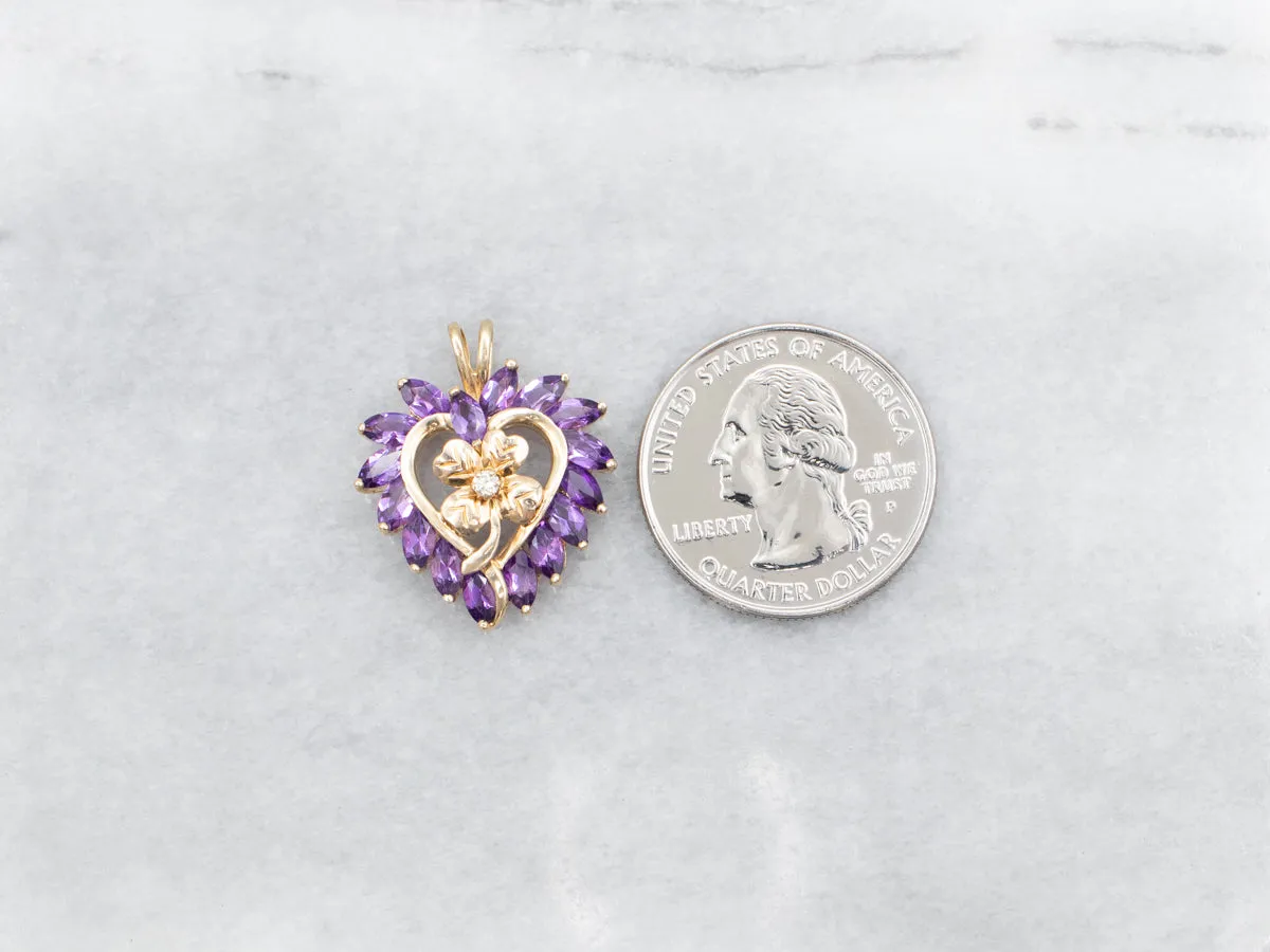 Amethyst and Diamond Heart Shaped Clover Pendant