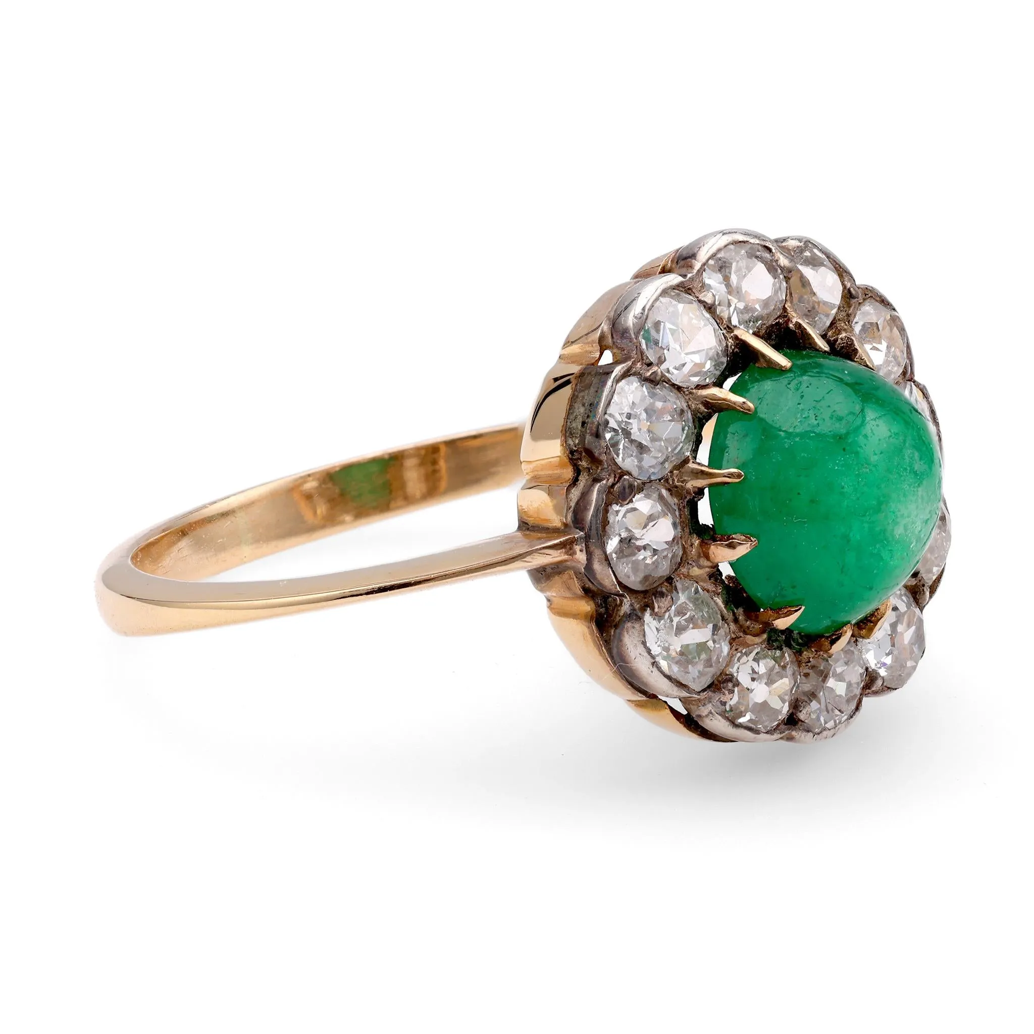 Antique Emerald Diamond 18K Yellow Gold Silver Cluster Ring