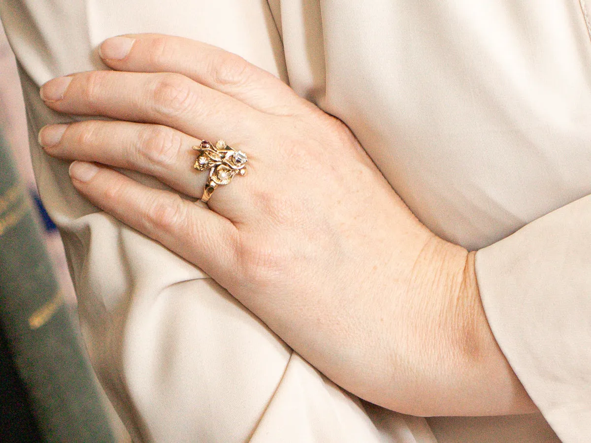 Antique Floral Ring with Diamonds, Seed Pearls, and Ruby