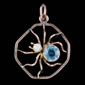 Antique Victorian Blue Paste Spider Pendant 9Ct Gold Circa 1900