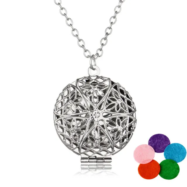 Aromatherapy Locket Necklace Silver/Bronze color with Madala Flower Shaped  Pendant Oil Essential Diffuser Necklace for Women