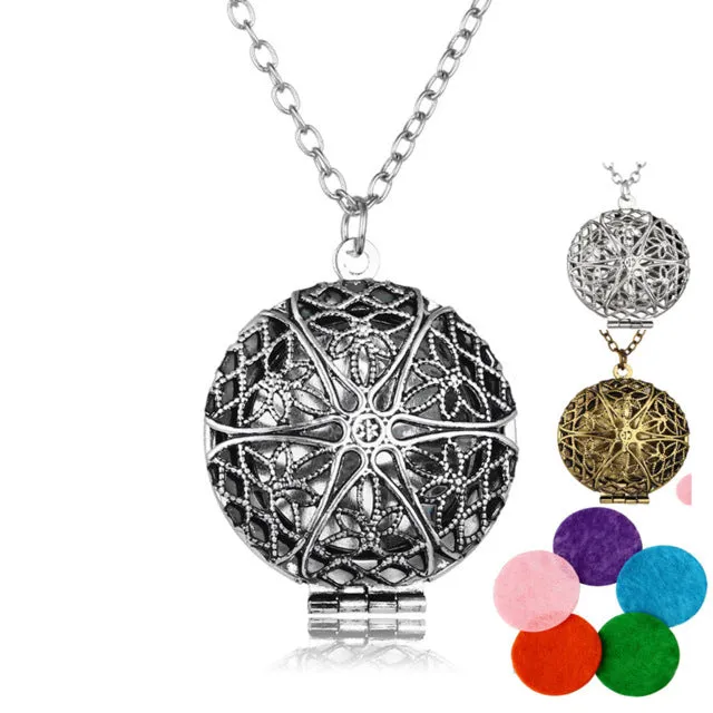 Aromatherapy Locket Necklace Silver/Bronze color with Madala Flower Shaped  Pendant Oil Essential Diffuser Necklace for Women