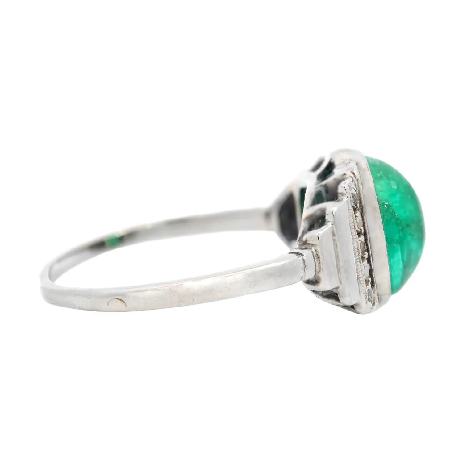 Art Deco Platinum 2.50ctw Cabochon Emerald & Diamond Ring