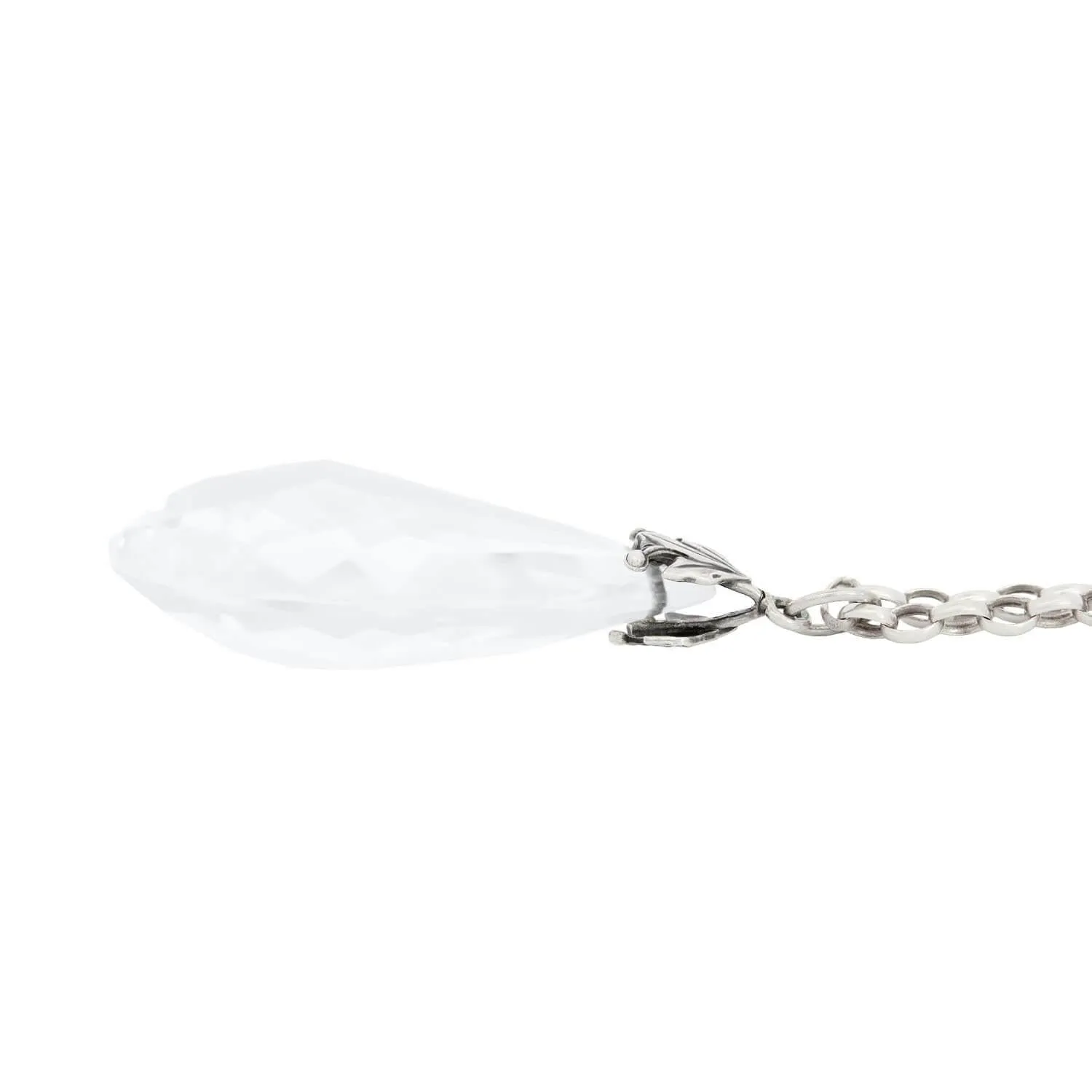 Arts and Crafts Sterling Silver and Rock Quartz Crystal Teardrop Pear Pendant Necklace