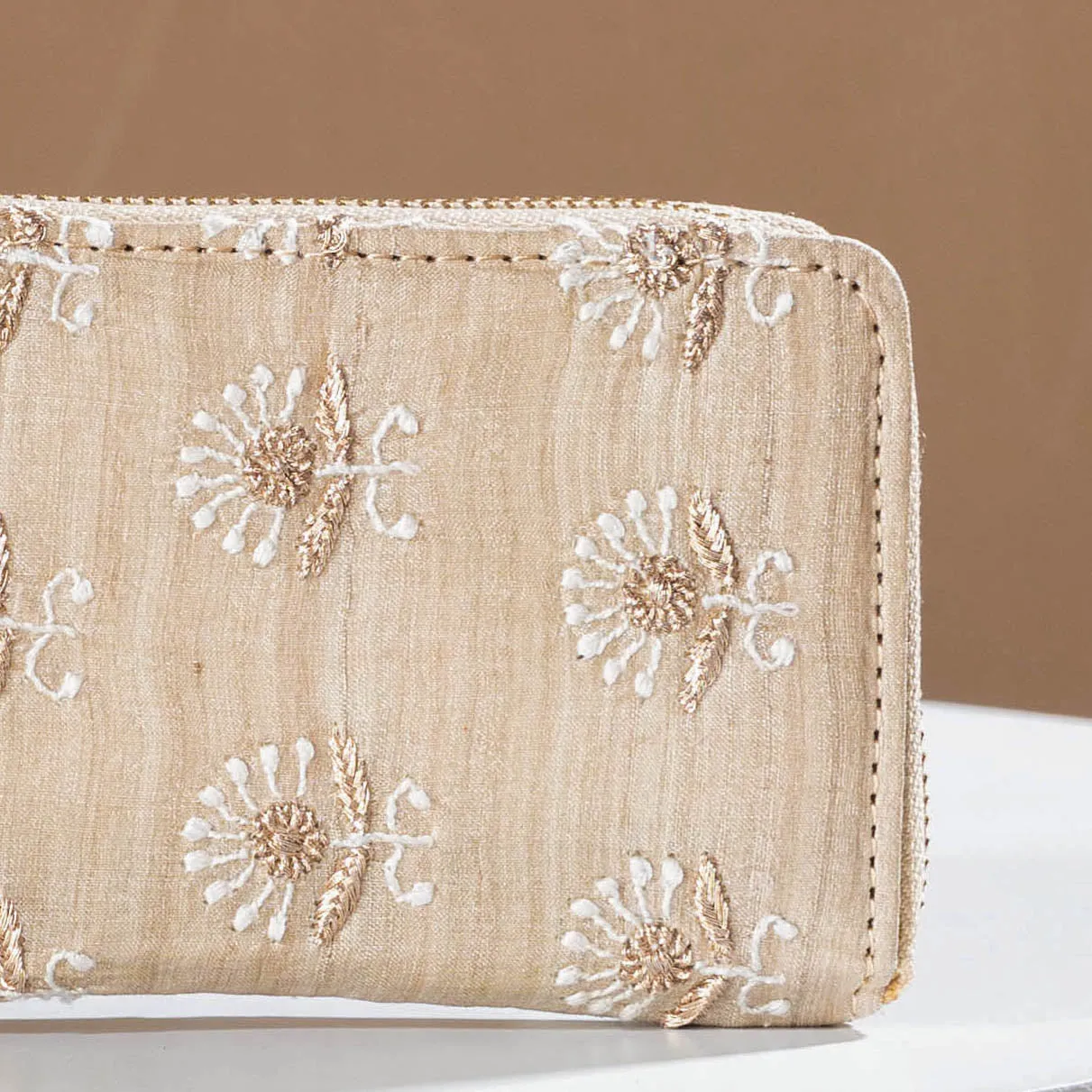 Beige - Chikankari Hand Embroidered Tussar Silk Wallet