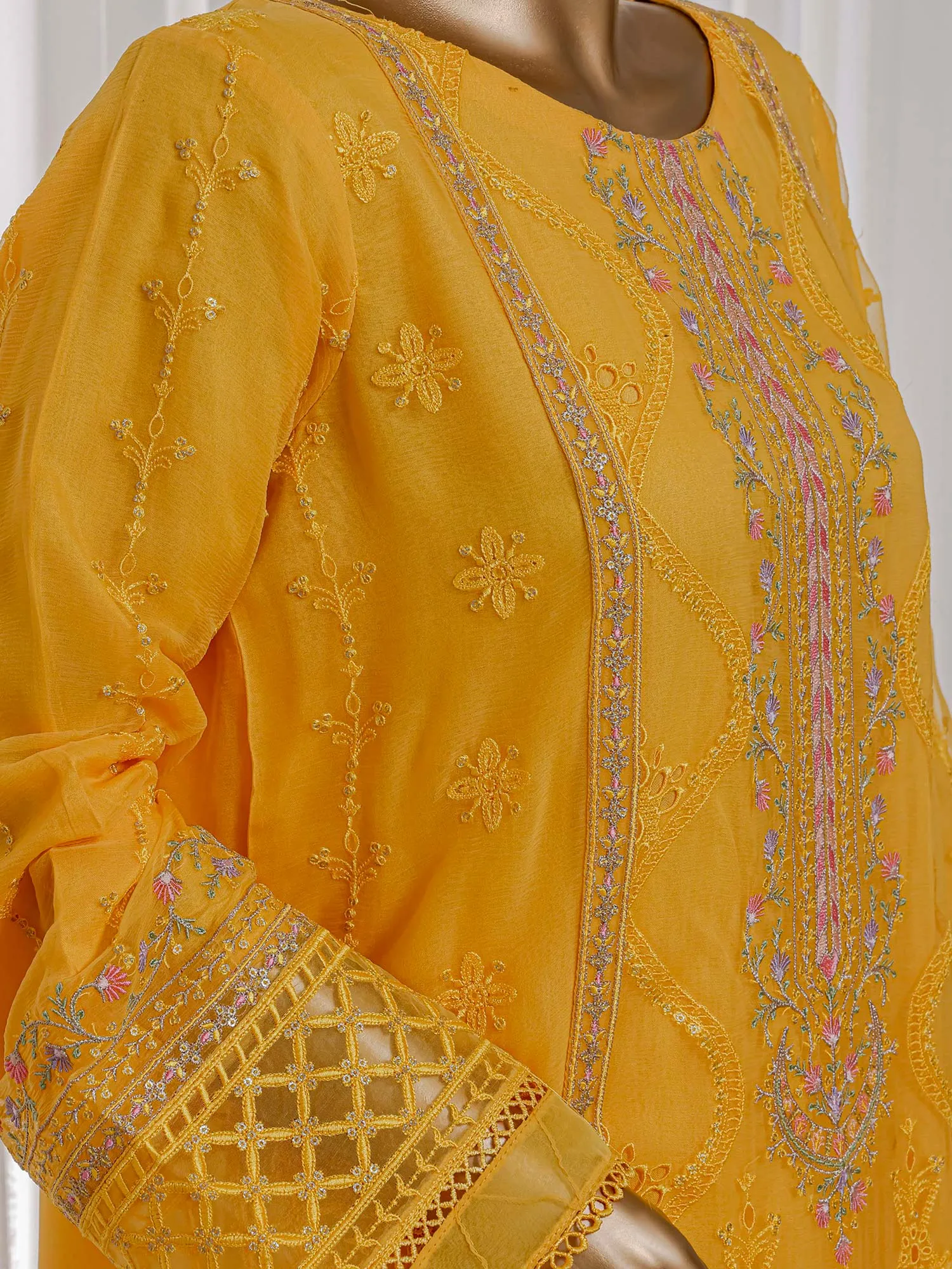 Bin Saeed Luxury Embroidered Yellow Organza Suit