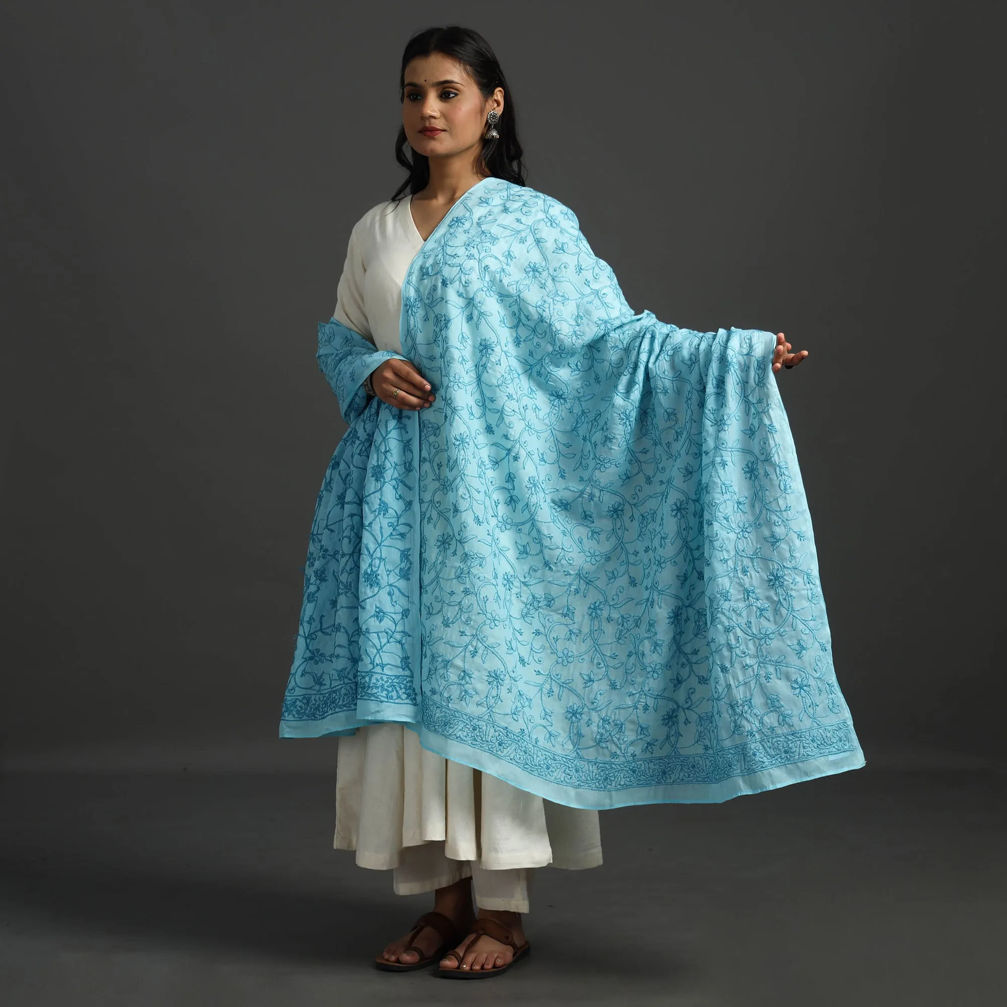 Blue - Lucknow Chikankari Hand Embroidery Cotton Dupatta 26