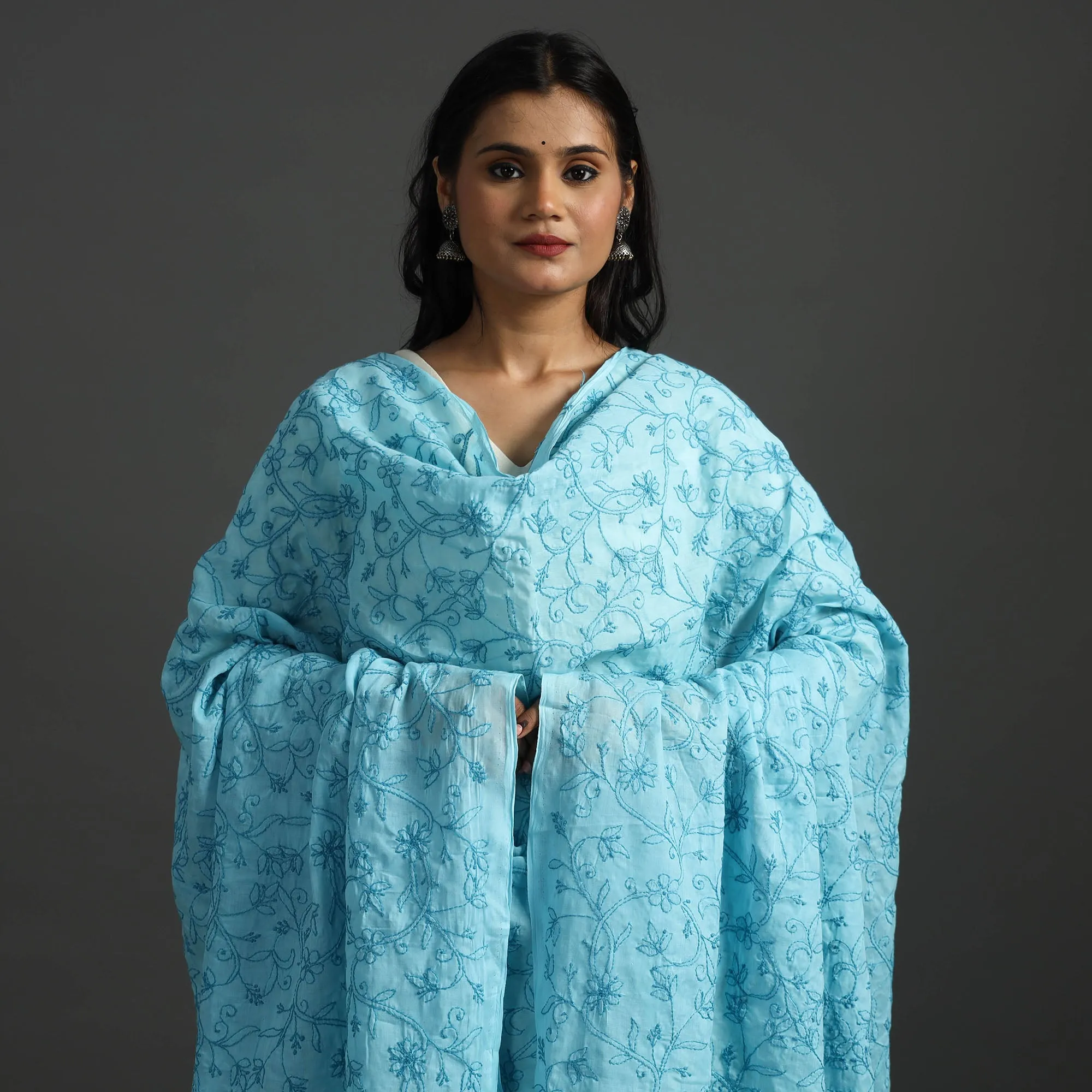 Blue - Lucknow Chikankari Hand Embroidery Cotton Dupatta 26