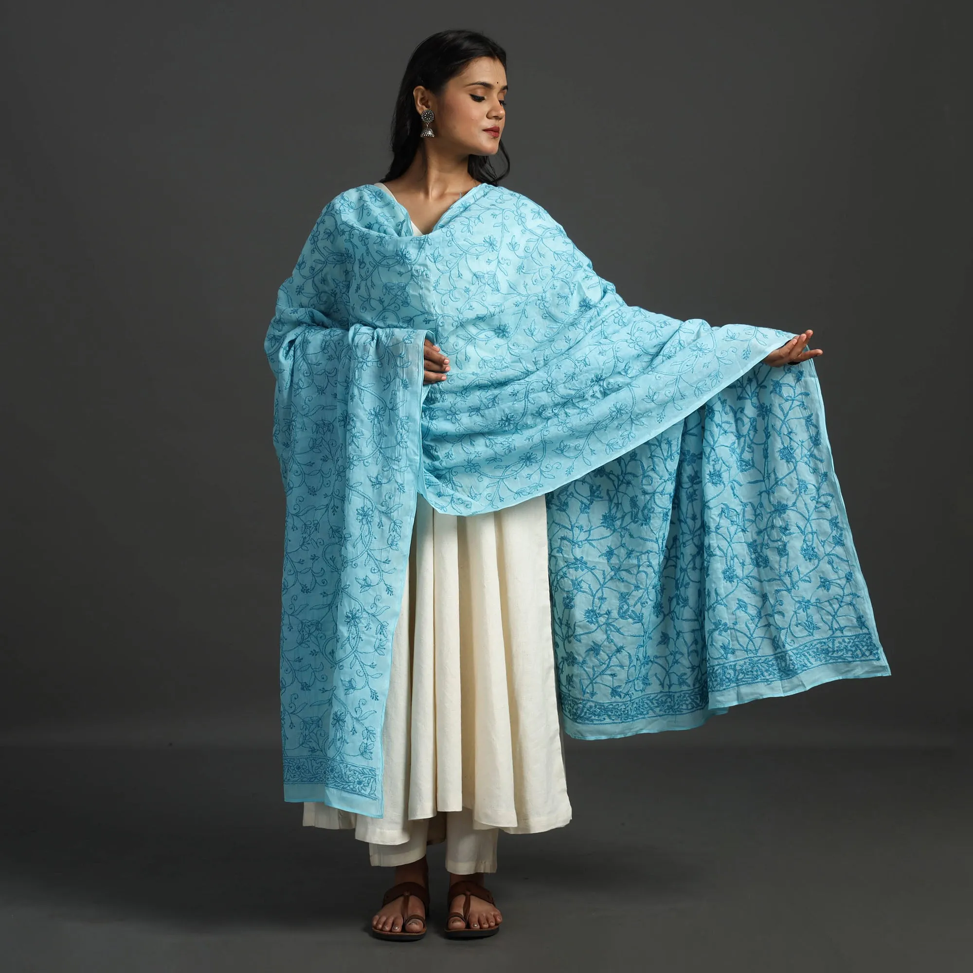 Blue - Lucknow Chikankari Hand Embroidery Cotton Dupatta 26