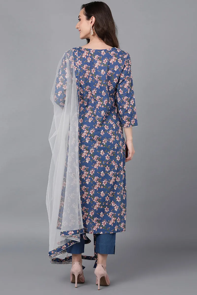 Blue Rayon Blend Floral Straight Suit Set