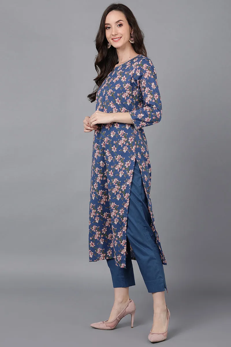 Blue Rayon Blend Floral Straight Suit Set