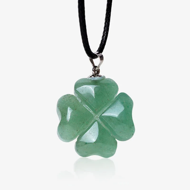 Buddha Stones 925 Sterling Silver Green Aventurine Four Leaf Clover Luck Leather Rope Necklace Pendant