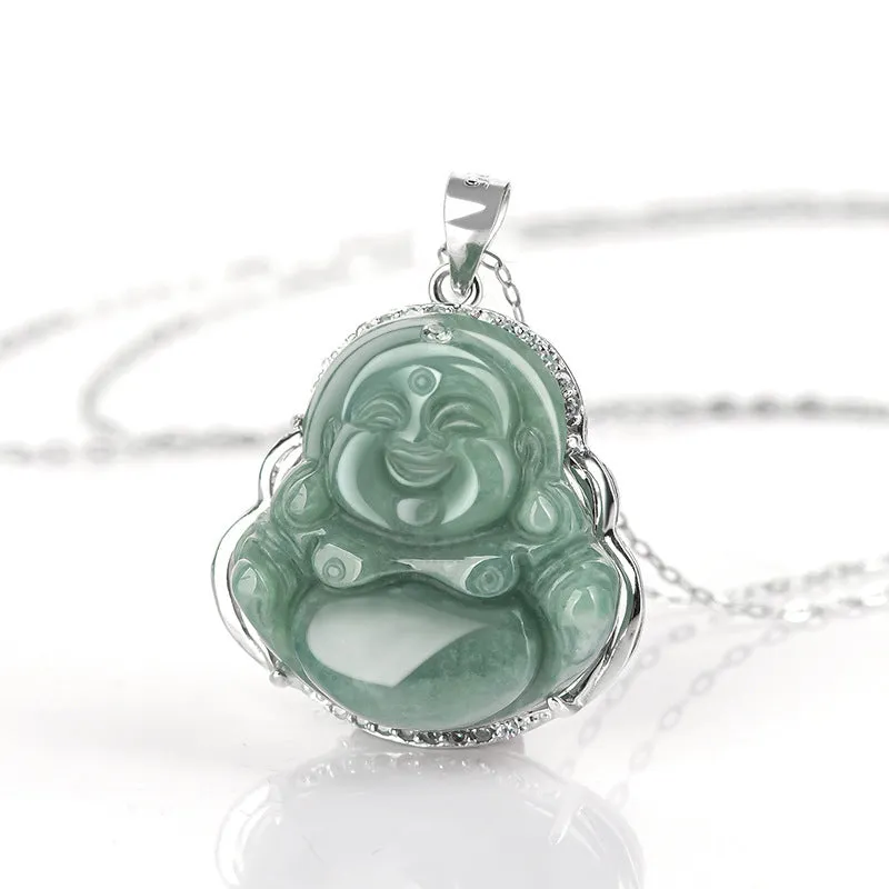 Buddha Stones 925 Sterling Silver Laughing Buddha Jade Abundance Necklace Chain Pendant