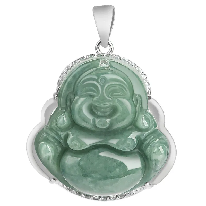 Buddha Stones 925 Sterling Silver Laughing Buddha Jade Abundance Necklace Chain Pendant