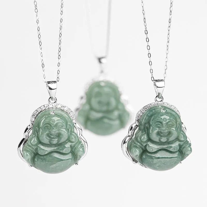 Buddha Stones 925 Sterling Silver Laughing Buddha Jade Abundance Necklace Chain Pendant