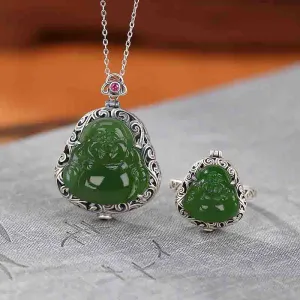 Buddha Stones 925 Sterling Silver Natural Hetian Cyan Jade Laughing Buddha Auspicious Clouds Success Necklace Pendant Ring Set