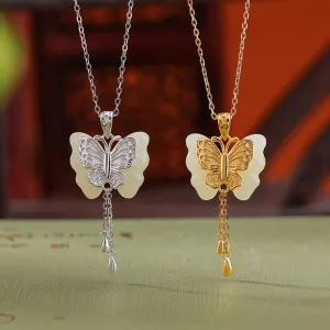 Buddha Stones 925 Sterling Silver Plated Gold Hetian White Jade Butterfly Blessing Necklace Pendant