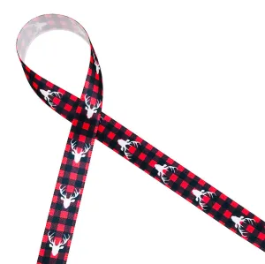 Buffalo Plaid with white deer head ribbon printed on 5/8" white single face satin ribbon