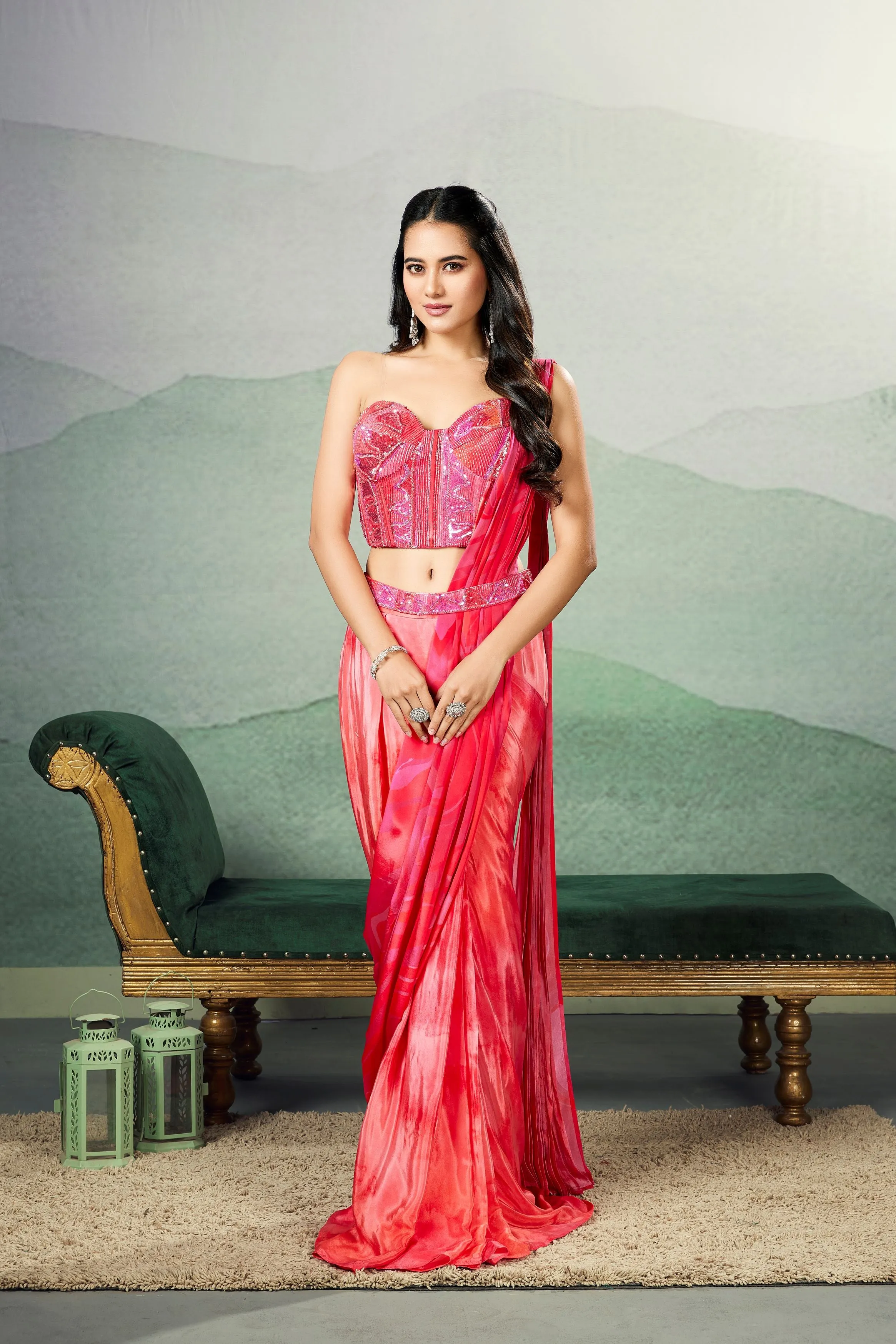 Cerise Red Ombre-Dyed Chinon Silk Saree