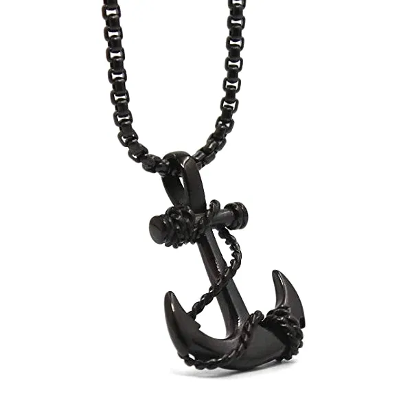 Classy Men Black Anchor Pendant Necklace