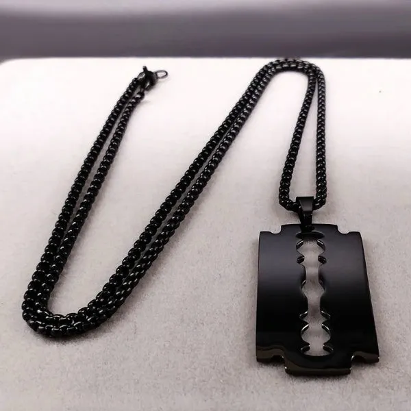 Classy Men Black Razor Blade Pendant Necklace