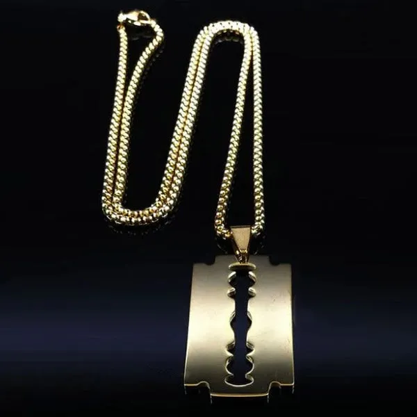 Classy Men Gold Razor Blade Pendant Necklace