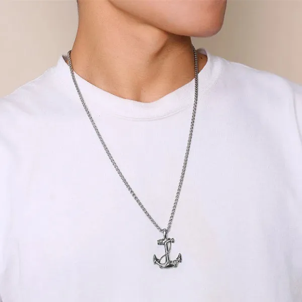 Classy Men Silver Anchor Pendant Necklace