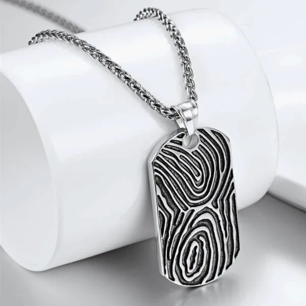 Classy Men Silver Fingerprint Dog Tag Pendant Necklace