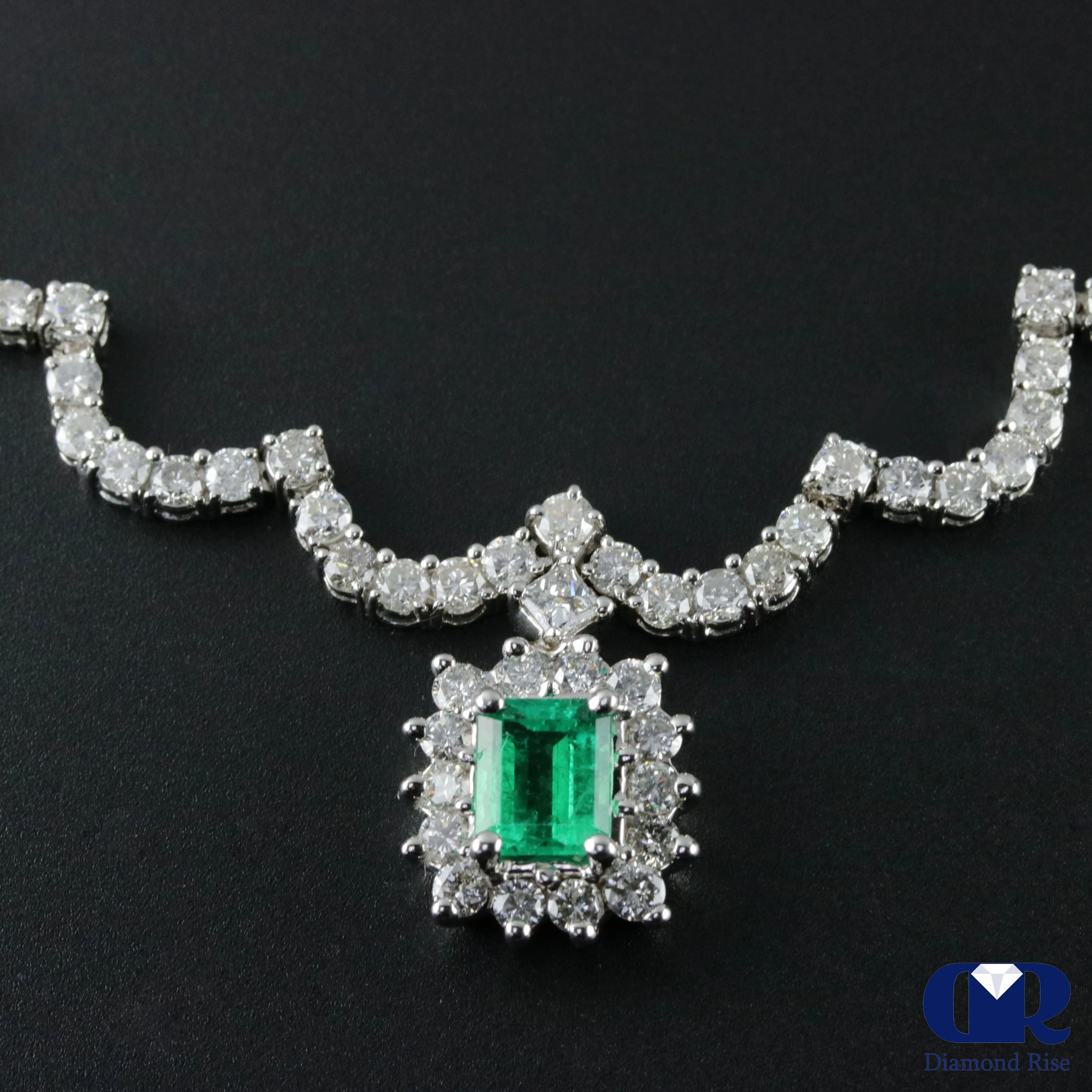 Columbia Emerald & Diamond Drop Pendant Necklace In 18K White Gold