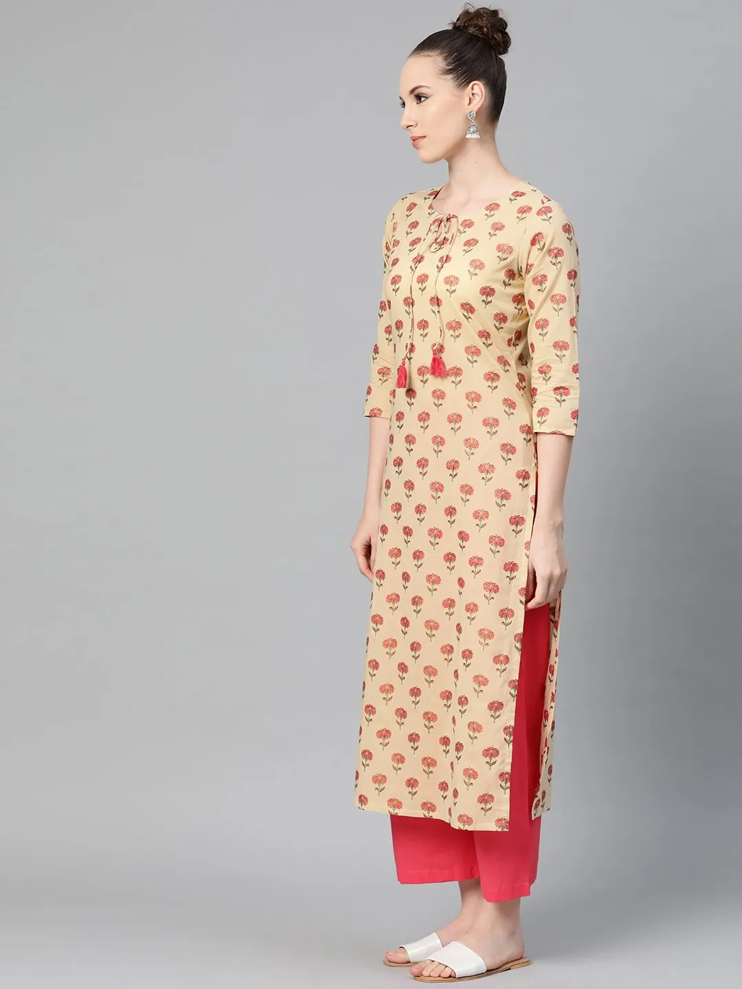 Cream With Multi Floral Printed Kurta With Keyhole Neckline