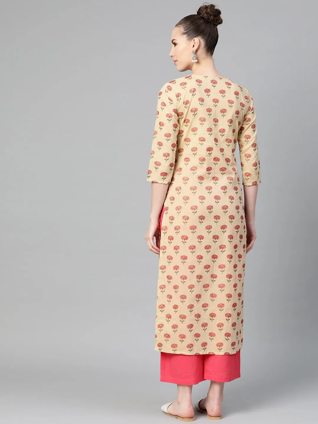 Cream With Multi Floral Printed Kurta With Keyhole Neckline