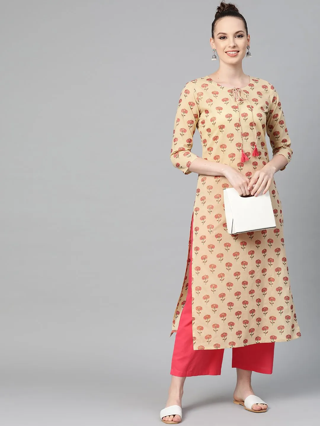 Cream With Multi Floral Printed Kurta With Keyhole Neckline